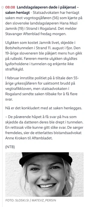 Screenshot av notis fra nrk.no om drept skiløper