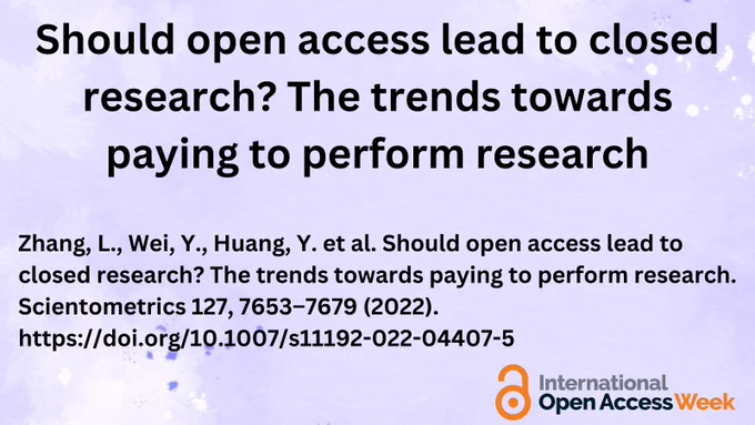 Text on a lilac background: Should open access lead to closed research? The trends towards paying to perform research. Zhang, L., Wei, Y., Huang, Y. et al. Should open access lead to closed research? The trends towards paying to perform research. Scientometrics 127, 7653–7679 (2022). https://doi.org/10.1007/s11192-022-04407-5 . In the bottom right of the image is the International Open Access Week logo.