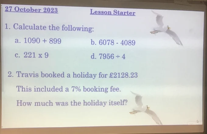 Picture shows smart board in SF24. It is themed in light blue with seagulls and has five different questions that will (spoiler) have the same answer. The first one is 1090   899
