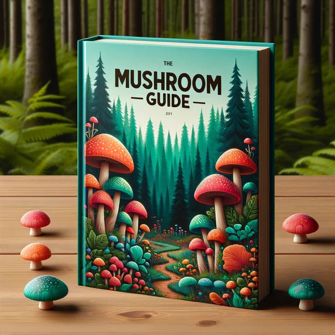 A mockup of a colorful standing book with the title "Mushroom guide" and a colorful forest full of mushrooms on the cover, and a forest background behind the book.