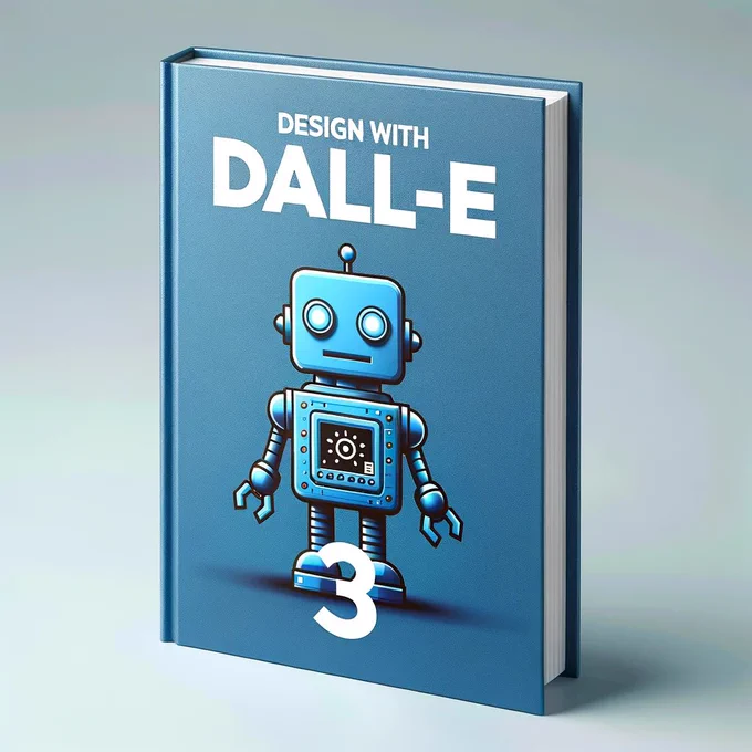 A mockup of a blue standing book with the title "Design with Dall-E 3" and a robot flat logo on the cover.