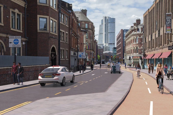 Artist's impression of Call Lane, featuring two-way protected cycle track and new pedestrian crossings.