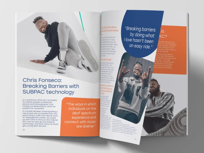 A double page spread of the Autumn KtoA Magazine. It's showing the Chris Fonseca article and includes images of him break dancing and quotes in colourful shapes