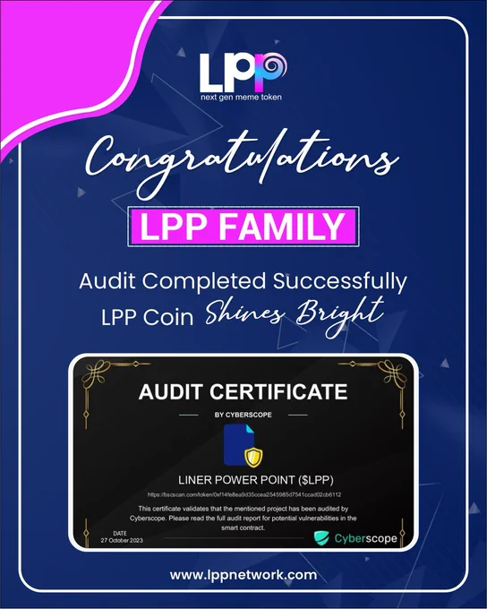 🚀 Exciting News for Our LPP Family! 🌟

Dear LPP Coin community,

We're thrilled to share that LPP Coin has successfully completed a comprehensive audit by Cyberscope, strengthening our project's security and transparency. 🛡️🔐

Curious to learn more? You can check out the full audit report via the link below:
👉 https://cyberscope.io/audits/lpp

This achievement showcases our commitment to ensuring the safety and trustworthiness of our community. 🙌

Thinking about auditing your own project? You can start the process by visiting https://cyberscope.io! 🔍

Join us in celebrating this major milestone! Follow @LPPCoinVault for the latest updates and come along on this thrilling crypto journey with us. 🚀💎

#AuditComplete #LPPCoin #CryptoSecurity #JoinUs

Let's continue to ride the crypto wave together! 🌊🚀