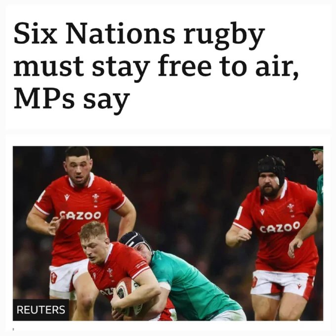 Screengrab of BBC News webpage story: Six Nations rugby must stay free to air, MPs say