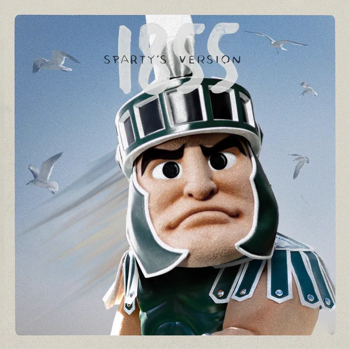 A parody graphic of Taylor Swift's album cover for 1989 (Taylor's Version) featuring Sparty instead of her that says 1855 Sparty's Version with five seagulls in the background