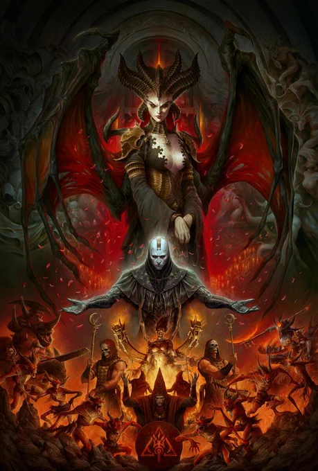 A detailed illustration of Lilith towering above her followers, with Elias underneath, Andariel beneath him, and a variety of demons and terrifying worshipers below her. Behind them all is the Burning Hells and a cascade of tumbling, blood-red rose petals. 