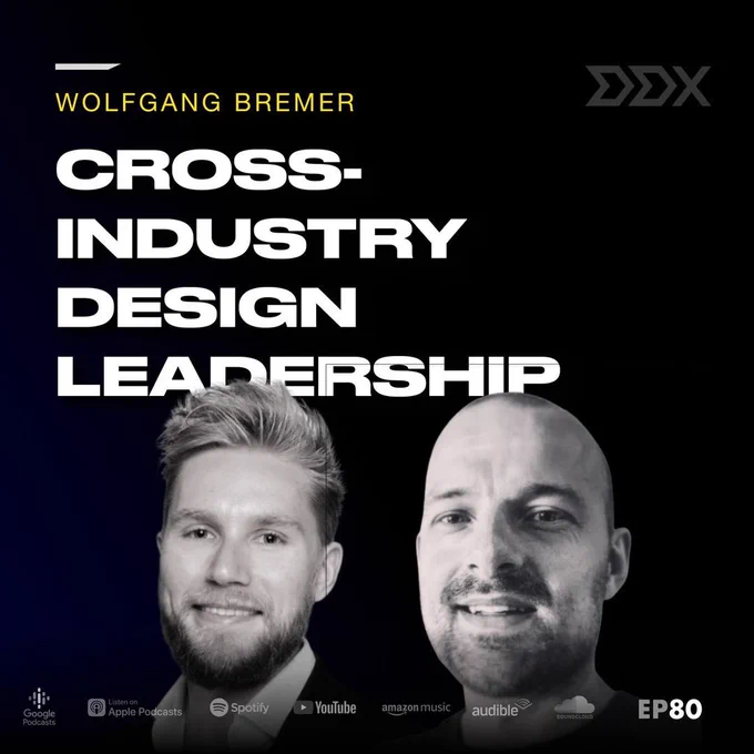 Cover of the Design Drives podcast episode titled Cross-Industry Design Leadership with pictures of Sebastian Gier and Wolfgang Bremer.