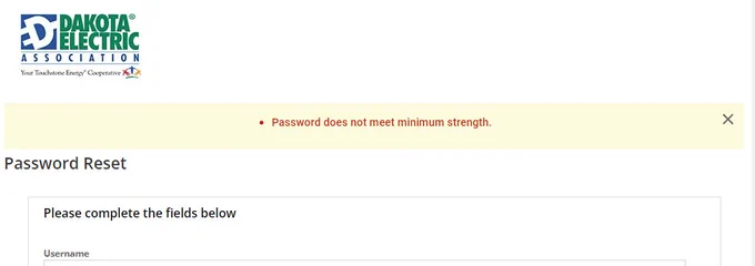 Screenshot of the Dakota Electric Association's Password Reset page with the error message, "Password does not meet minimum strength."