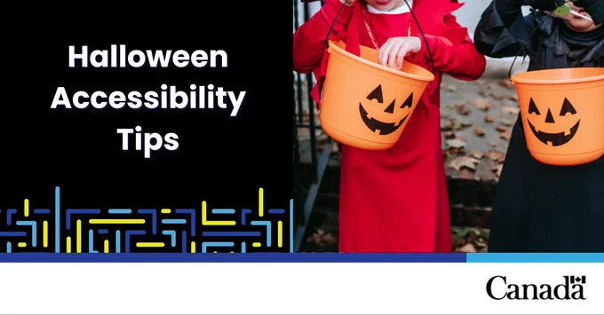 Closeup photo of children eating candy from their Halloween buckets. Text reads: “Halloween Accessibility Tips”.