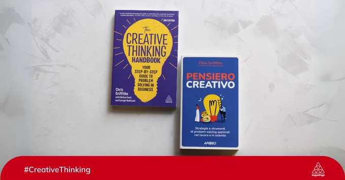 'The Creative Thinking Handbook' in English and Italian, on grey background.