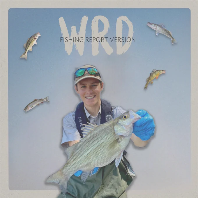 A parody cover of Taylor Swift's new album cover. Pictured is a WRD biologist holding a white bass. Surrounding him are pictures of trout and yellow perch. 