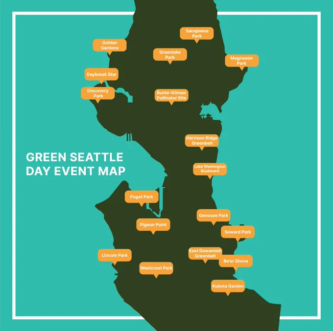 Green outline of Seattle, with yellow markers of events happening on Green Seattle Day.