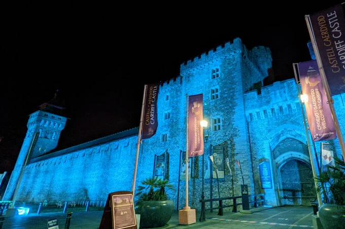 Cardiff Castle in blue light.