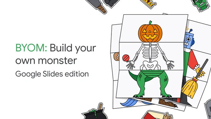 Illustration of a Halloween character on the right with copy on the left that says "BYOM: Build Your Own Monster Google Slides editon"