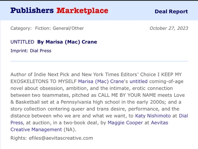 Publishers Marketplace announcement for a two book deal