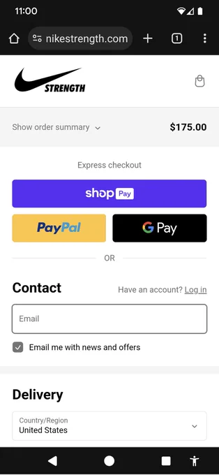 Mobile Chrome screenshot of Nike Strength online store checkout. Order summary price $175.00. Express pay options include Shop Pay, PayPal, Google Pay.