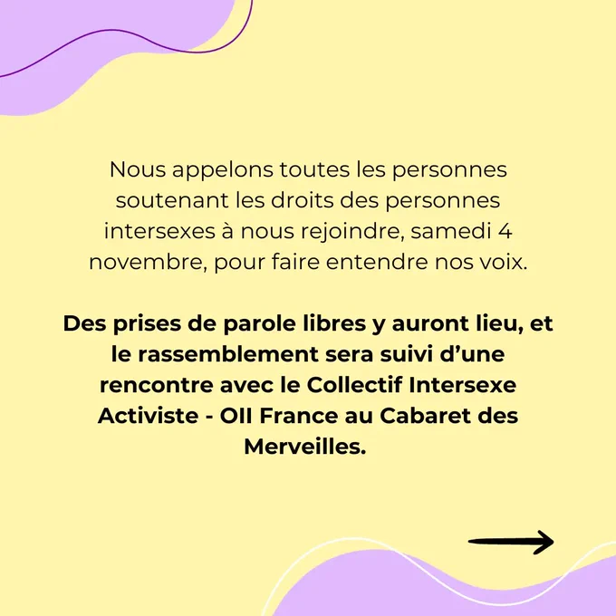 Nous appelons toutes les personnes soutenant les droits des personnes intersexes à nous rejoindre, samedi 4 novembre, pour faire entendre nos voix. Des prises de parole libres y auront lieu, et le rassemblement sera suivi d’une rencontre avec le Collectif Intersexe Activiste - OII France au Cabaret des Merveilles. 
