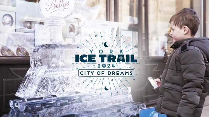 A boy looking at an ice sculpture.