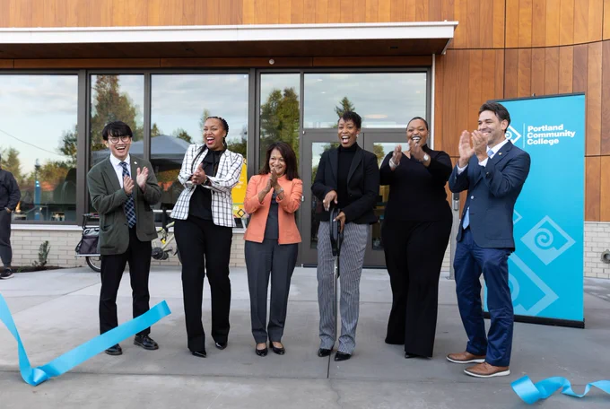 Commissioner Jayapal joins PCC staff and  community leaders as the ribbon is cut to open the new Opportunity Center