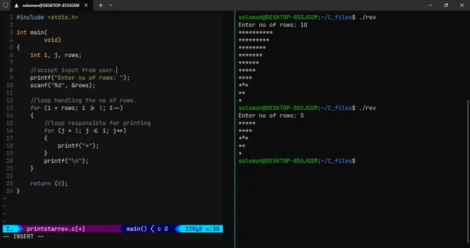a c program that prints an inverted left angle triangle