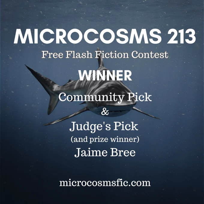 MICROCOSMS 213
Free Flash Fiction Contest
Winner
Community Pick & Judge's Pick (and prize winner) Jaime Bree
microcosmsfic.com