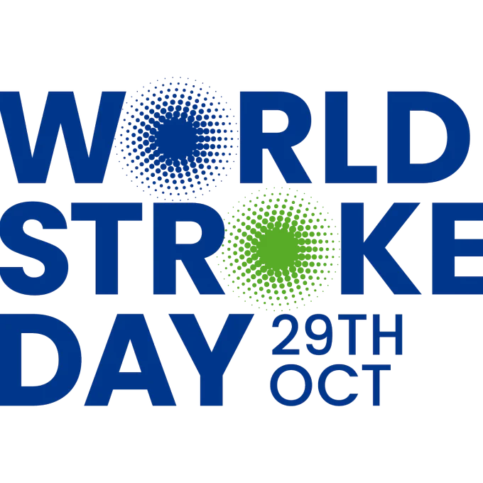 Text logo spelling out World Stroke Day: 29th Oct in dark blue text. The O of World is made up of a dark blue circle with many smaller circles coming out of it. The second O, in stroke, is a green circle with many smaller circles coming out of it.