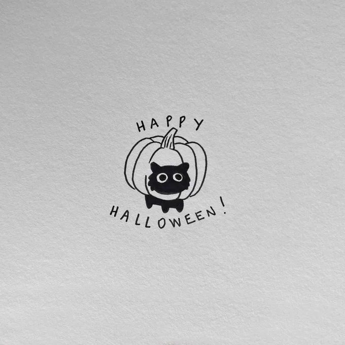 a simple drawing made with black pen on paper of a black cat wearing a pumpkin in its head, but now “happy halloween” is written