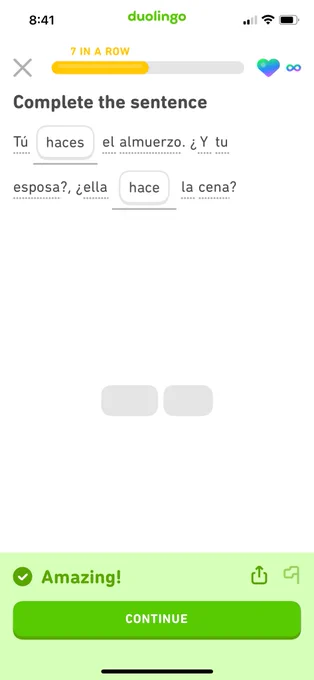 Another Spanish lesson screenshot where I had to fill in the blanks, and I got it right, but there’s no English translation.