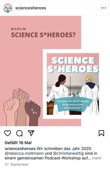 Foto eines Instagram-Posts des Science S*heroes-Accounts, mit dem Podcast-Cover und ein paar Infos zur Entstehung des Podcasts
