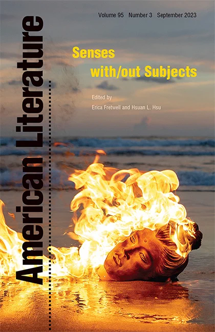 Cover of "Senses with/out Subjects," a special issue of American Literature (95:3). A photograph of a stone sculpture of a head laying on the sand in a beach landscape. The ocean and sky dusk sky is visible in the background. The bust is aflame with rolling yellow and orange flames rolling off to the left of the picture plane. The journal title overlays the image vertically in black text on the far left. The issue title is in yellow text at the top.