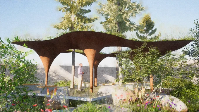 An artist's illustration of what WaterAid's garden will look like at the RHS Chelsea Flower Show in 2024, featuring a rainwater-harvesting pavilion and raised walkway through the planting.