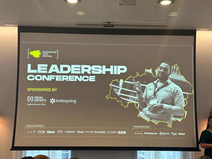 A photo of a slide. It says Manchester Tech festival Leadership conference. 