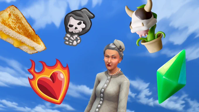 image of a blue sky with stickers over it. Stickers include Agatha Crumplebottoms, grilled cheese, red fire heart, skull, plumbob, cowplant