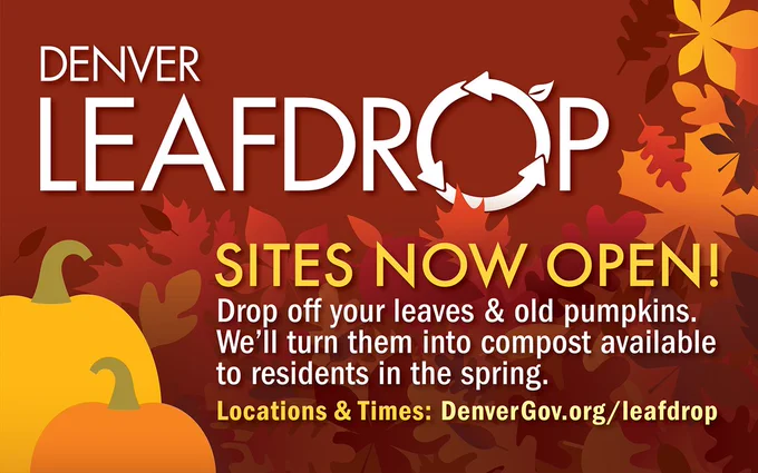 "Denver LeafDrop. Sites Now Open! Drop off your leaves and old pumpkins. We'll turn them into compost available to residents in the spring. Location and times: Denvergov.org/leafdrop"