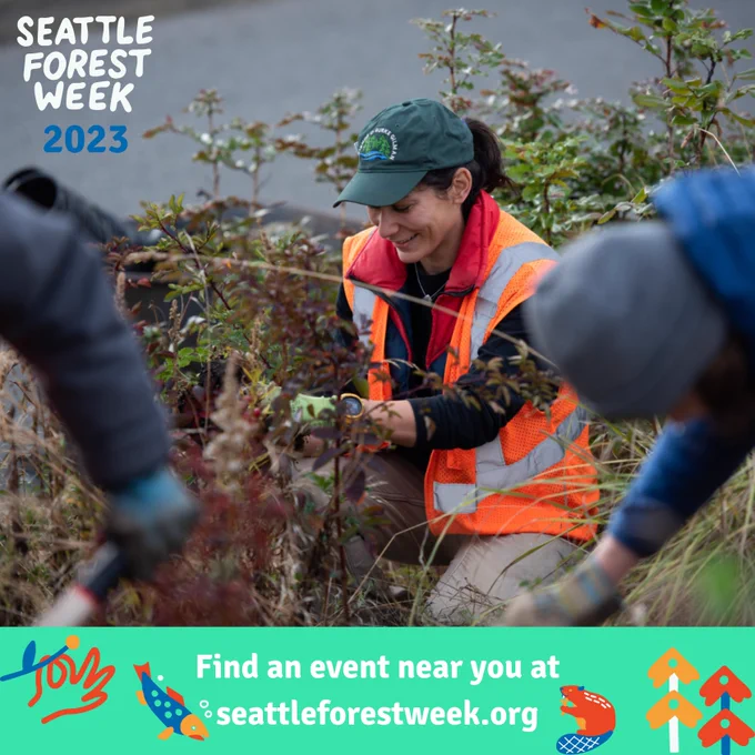 Photo of a GSP forest steward clearing brush at a Seattle Forest Week event. At the bottom is banner with text: Find an event near you at seattleforestweek.org.