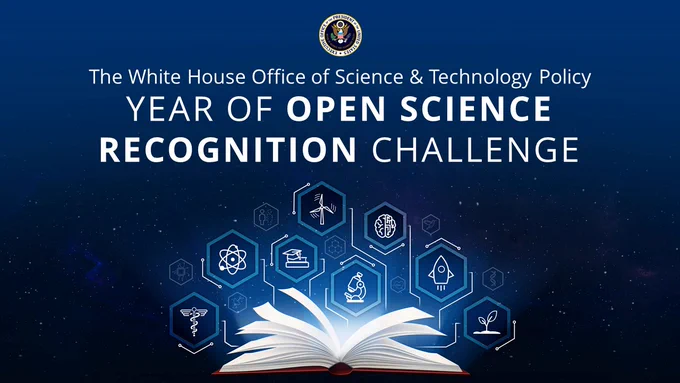 The White House Office of Science and Technology Policy - Year of Open Science Recognition Challenge - image of a book with various science symbols above it