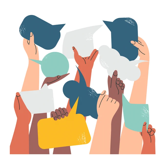 Illustration of a group of hands and thought bubbles
