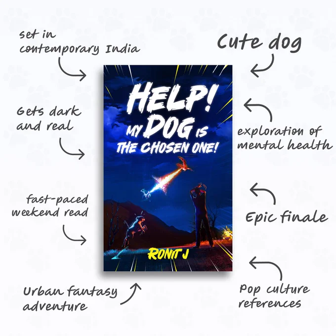 The book cover of the urban fantasy novel, ‘Help! My Dog Is The Chosen One!’ by Ronit J, with call outs for why you should read the book. The list includes: 
- Set in contemporary India
- Cute Dog
- Gets dark and real
- Exploration of mental health
- Fast-paced weekend read
- Epic finale
- Urban fantasy adventure
- Pop culture references