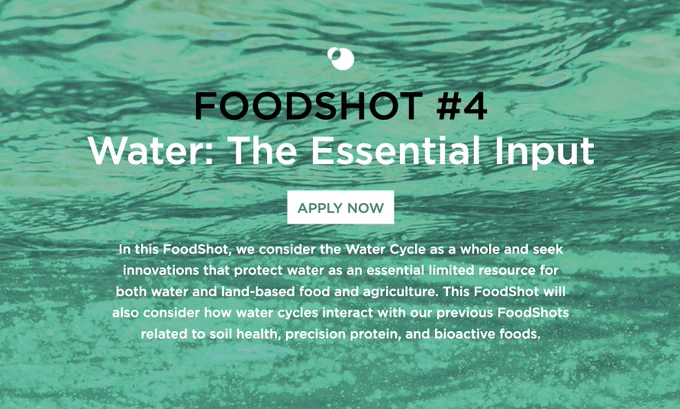 FOODSHOT #4
Water: The Essential Input
APPLY NOW
In this FoodShot, we consider the Water Cycle as a whole and seek innovations that protect water as an essential limited resource for both water and land-based food and agriculture. This FoodShot will also consider how water cycles interact with our previous FoodShots related to soil health, precision protein, and bioactive foods.