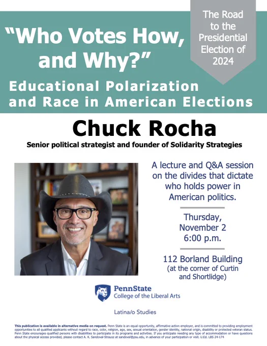 Poster promoting the "Who Votes How and Why?" event with political strategist Chuck Rocha on November 2 at 6:00 p.m. in 112 Borland Building.