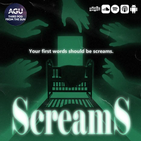 Green-and-black drawing of an open door casting eerie light on a crib, while in the background creepy hands reach out towards the crib. Text says, “Your first words should be screams.”
