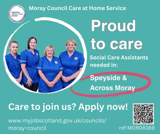 Four social care assistants standing together in their blue tunics help promote the proud to care message as we recruit for more people in Moray to consider joining our care at home teams.