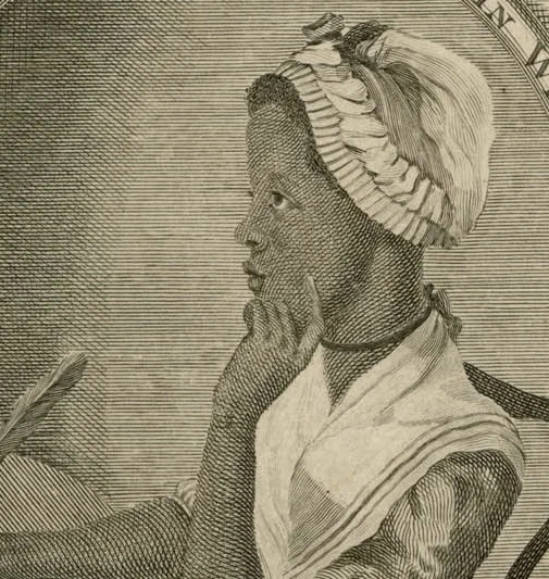 Color photograph of a black ink printed illustration of a young Black woman with a feather pen in her right hand, her left hand poised on her chin, her eyes are raised in thought. She wears a white hair kerchief with a ribbon on it, a black ribbon necklace, and a white neck kerchief over a dark dress. 
