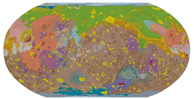 Image of the geologic map of Mars. Lots of colors in this geologic map (greens, browns, yellows, purples, bules, and more. 