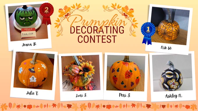 Graphic reading "Pumpkin Decorating Contest" with images of five finalists in CHDI pumpkin contest from Nik W. (1st place - spider web pumpkin), Jeana B. (2nd place - "Fiscal Cliff" Frankenstein pumpkin), Julie T., Lori S., Peri S., and Ashley N.