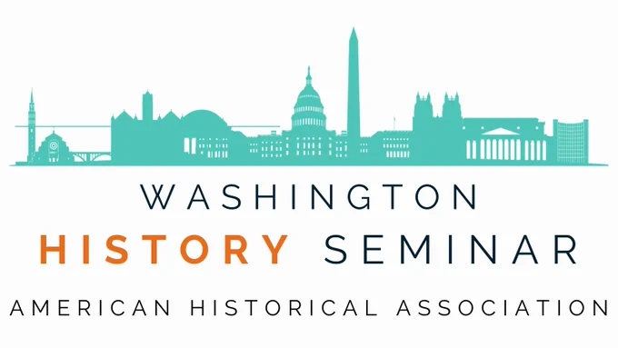 The logo of the Washington History Seminar. A green illustration with Washington, DC monuments clustered together. The text Washington History Seminar is underneath, followed by American Historical Association.