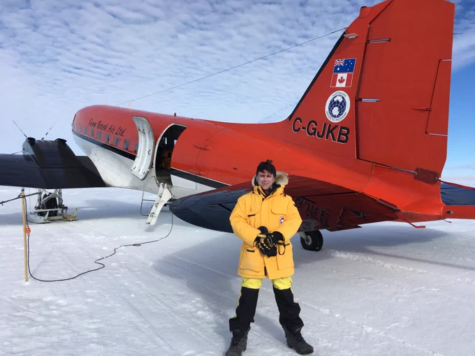 "There rolls the deep where grew the tree.
O earth, what changes hast thou seen!"

Photo of UTIG research scientists Duncan Young with a modified DC-3 equipped with geophysical sensors for mapping the land hidden under Antarctica's ice.