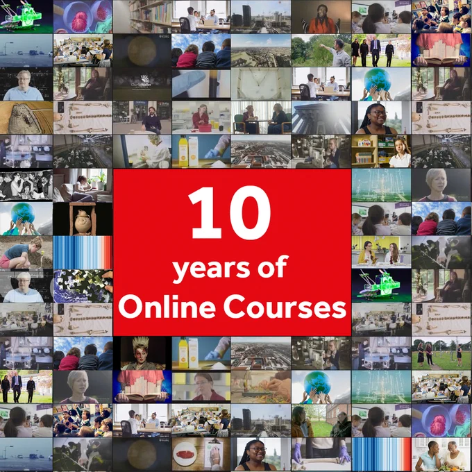 A collage of various images that illustrate a wide range of online courses, with text reading '10 years of online courses' in the centre in a red box