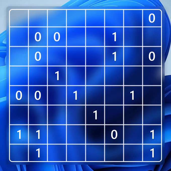 On a dark blue blurred Windows bloom is the image of a binary puzzle.